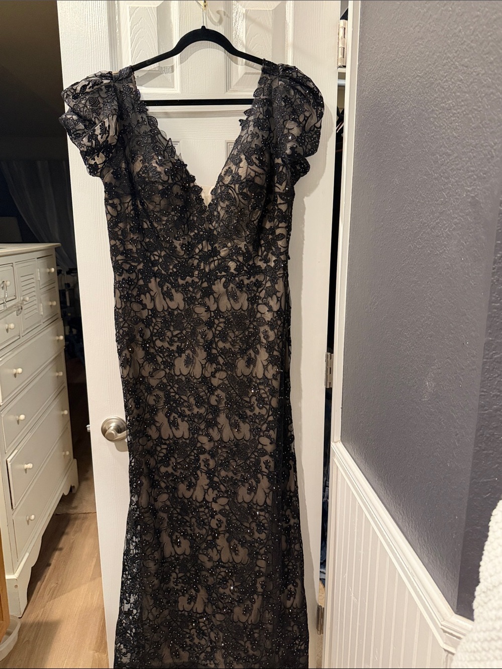 Mac Duggal Black Lace Maxi Gown with Nude Lining